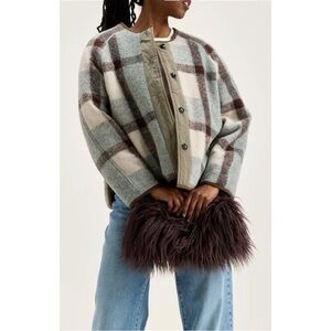 Belle Rose Hari Blue Cream Muted Check Plaid  Reversible Wool Padded Jacket